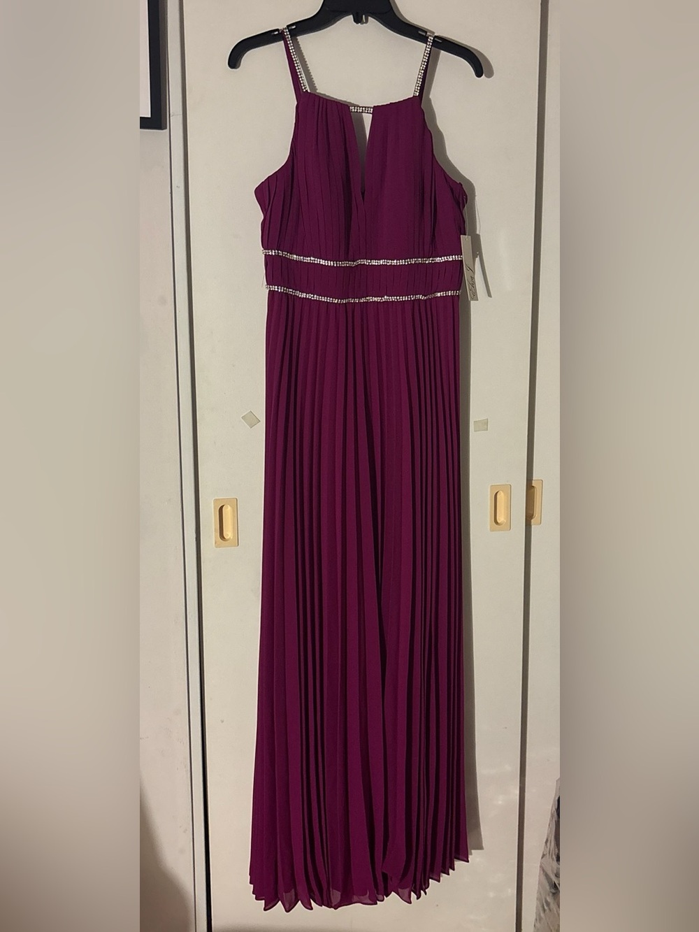 NWT Eliza J Plum Pleated Evening Gown with Rhinestone Accents